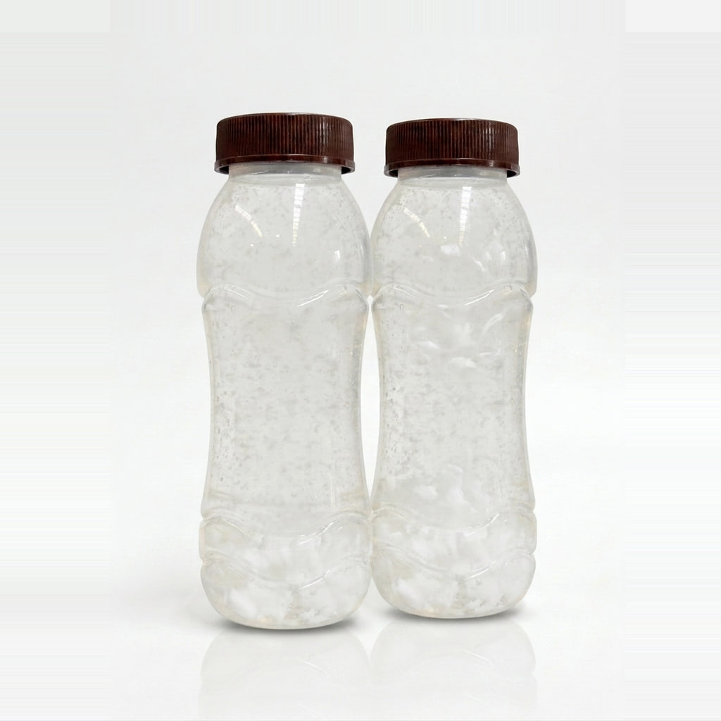 Two PET bottles of PrimeCoco packaged coconut water with fine tender coconut meat suspended through the water