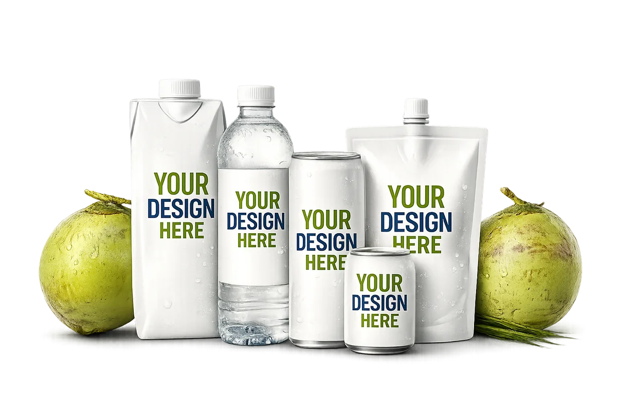 PrimeCoco private label coconut water packaging: tetra pack, bottle, can and pouch formats
